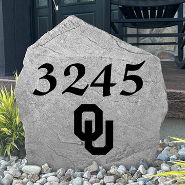 Custom University of Oklahoma Address Stone featuring the official Sooners logo and personalized house numbers. A stylish way to display your address in front yards, driveways, gardens, and landscaped entryways.