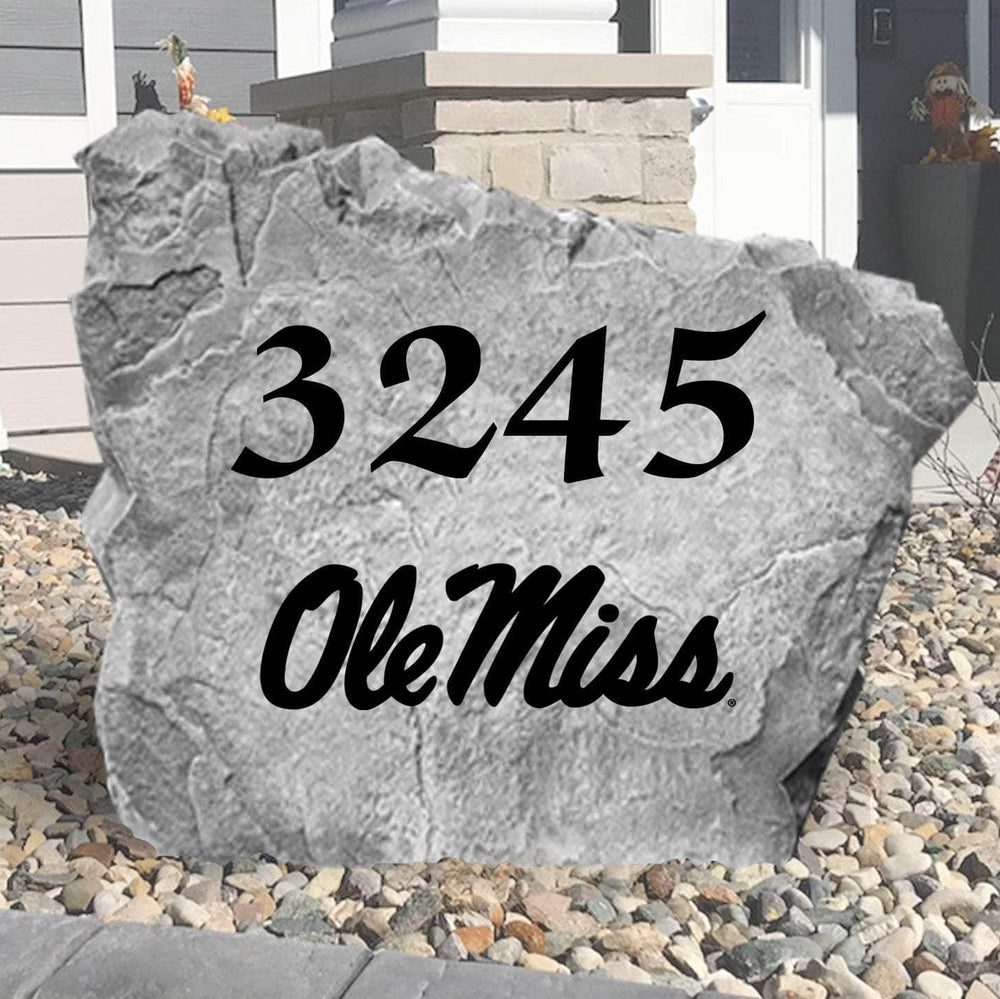 Custom University of Mississippi Address Stone featuring the official Ole Miss Rebels logo and personalized house numbers. A stylish outdoor accent for gardens, driveways, front walkways, and landscaped entryways.