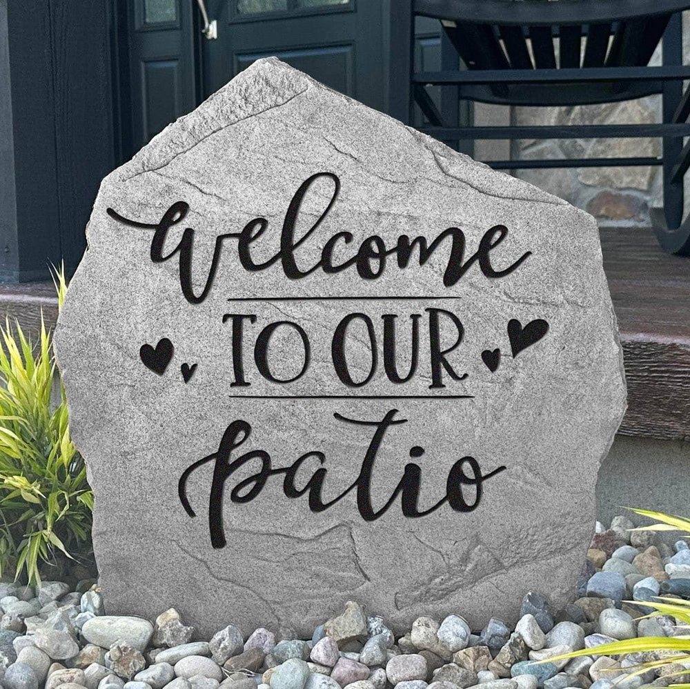 Decorative patio welcome plaque crafted from durable concrete, adding timeless charm to outdoor seating areas, gardens, and landscaped walkways.