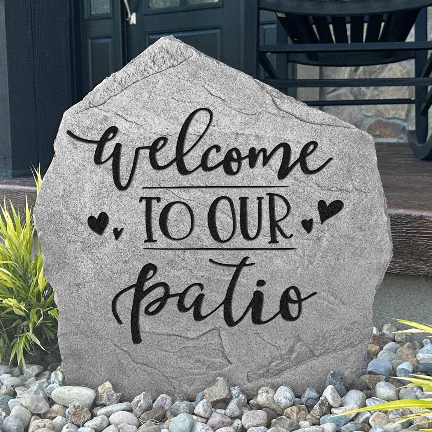 Decorative patio welcome plaque crafted from durable concrete, adding timeless charm to outdoor seating areas, gardens, and landscaped walkways.