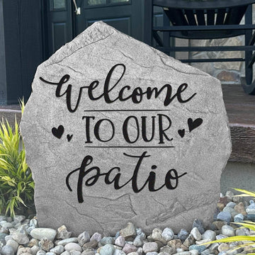 Decorative patio welcome plaque crafted from durable concrete, adding timeless charm to outdoor seating areas, gardens, and landscaped walkways.