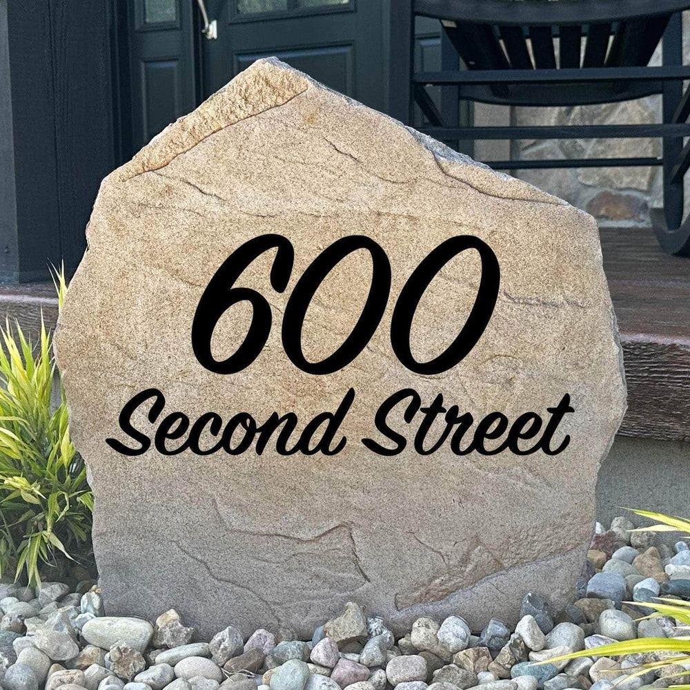 Custom script house number plaque crafted from durable concrete, blending timeless typography with beautiful curb appeal and lasting outdoor performance.