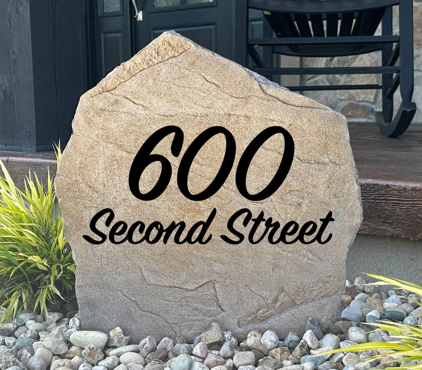 Elegant script style engraved address rock for home entryway landscaping