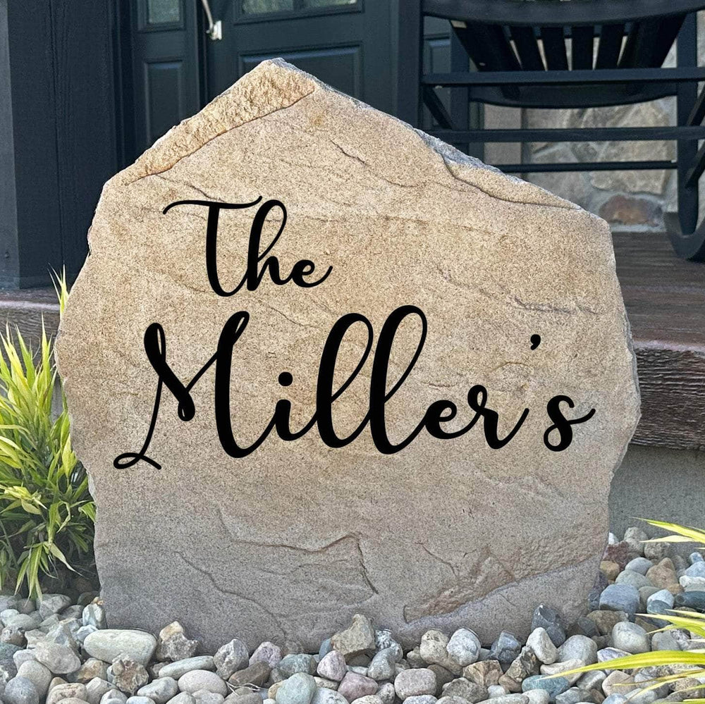 Custom script family name plaque crafted from durable concrete, bringing refined style and lasting beauty to gardens, patios, and front entrances.
