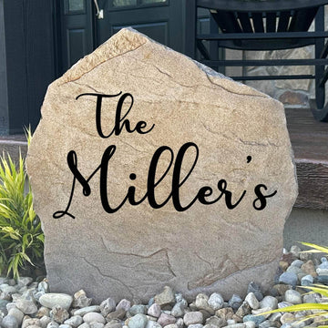 Custom script family name plaque crafted from durable concrete, bringing refined style and lasting beauty to gardens, patios, and front entrances.