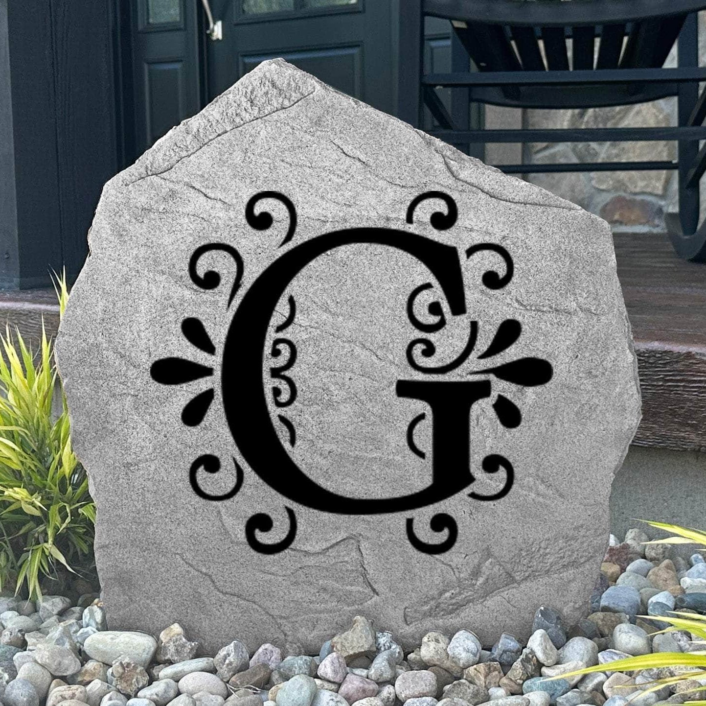 Custom engraved letter plaque crafted from durable concrete, adding elegant personalized style to patios, walkways, flower beds, and outdoor living spaces.