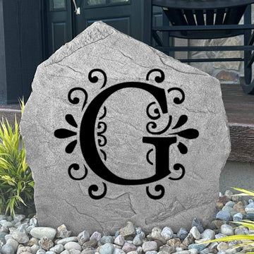 Custom engraved letter plaque crafted from durable concrete, adding elegant personalized style to patios, walkways, flower beds, and outdoor living spaces.