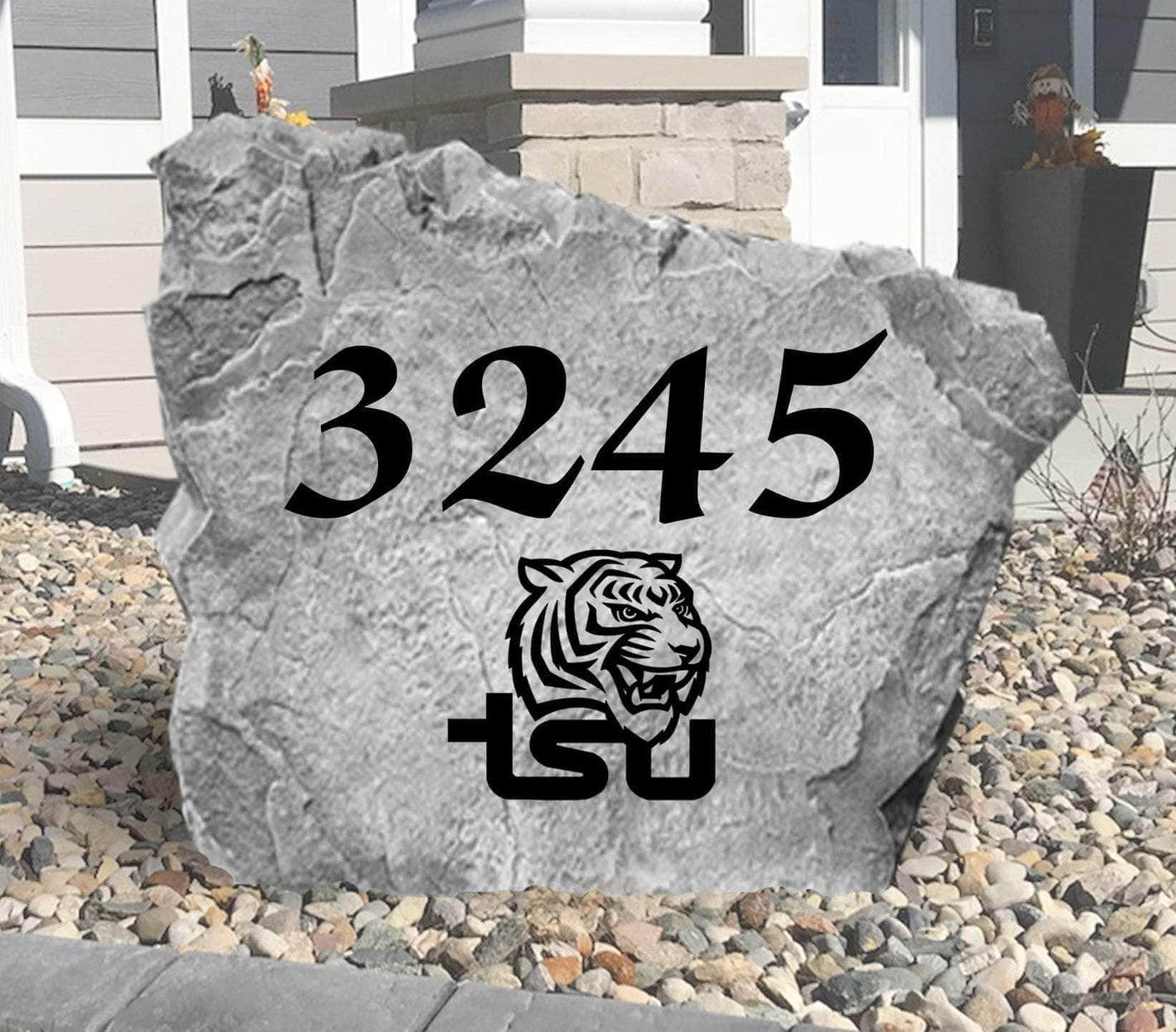 Custom TSU address marker stone for home landscaping.