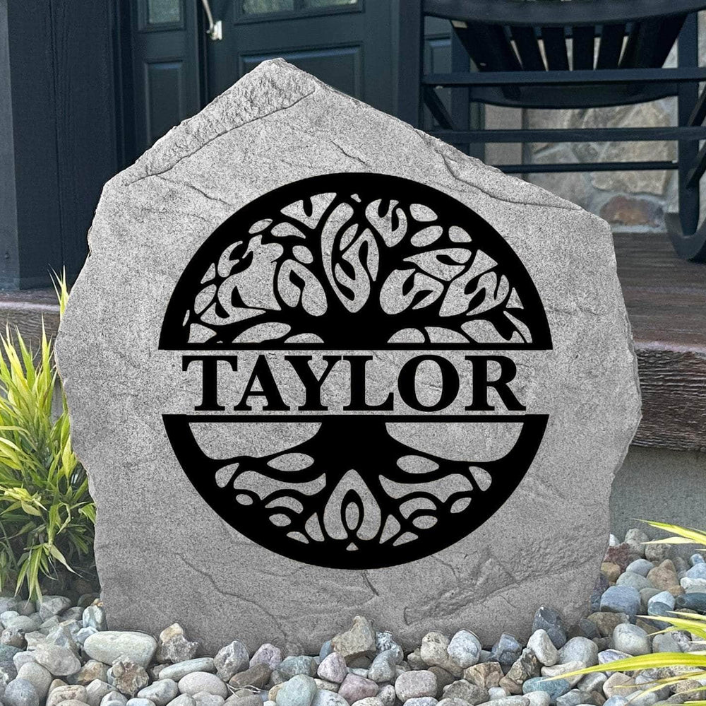 Custom Tree of Life monogram plaque crafted from durable concrete, symbolizing strength, growth, and family with timeless outdoor elegance.