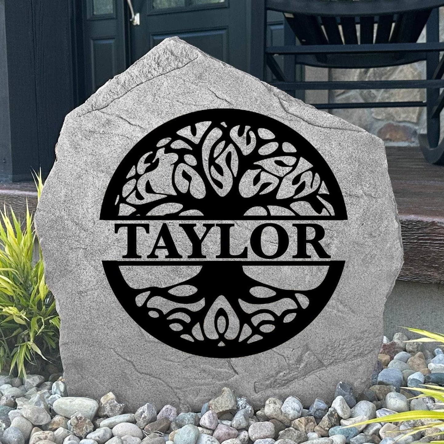 Custom Tree of Life monogram plaque crafted from durable concrete, symbolizing strength, growth, and family with timeless outdoor elegance.