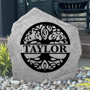 Custom Tree of Life monogram plaque crafted from durable concrete, symbolizing strength, growth, and family with timeless outdoor elegance.