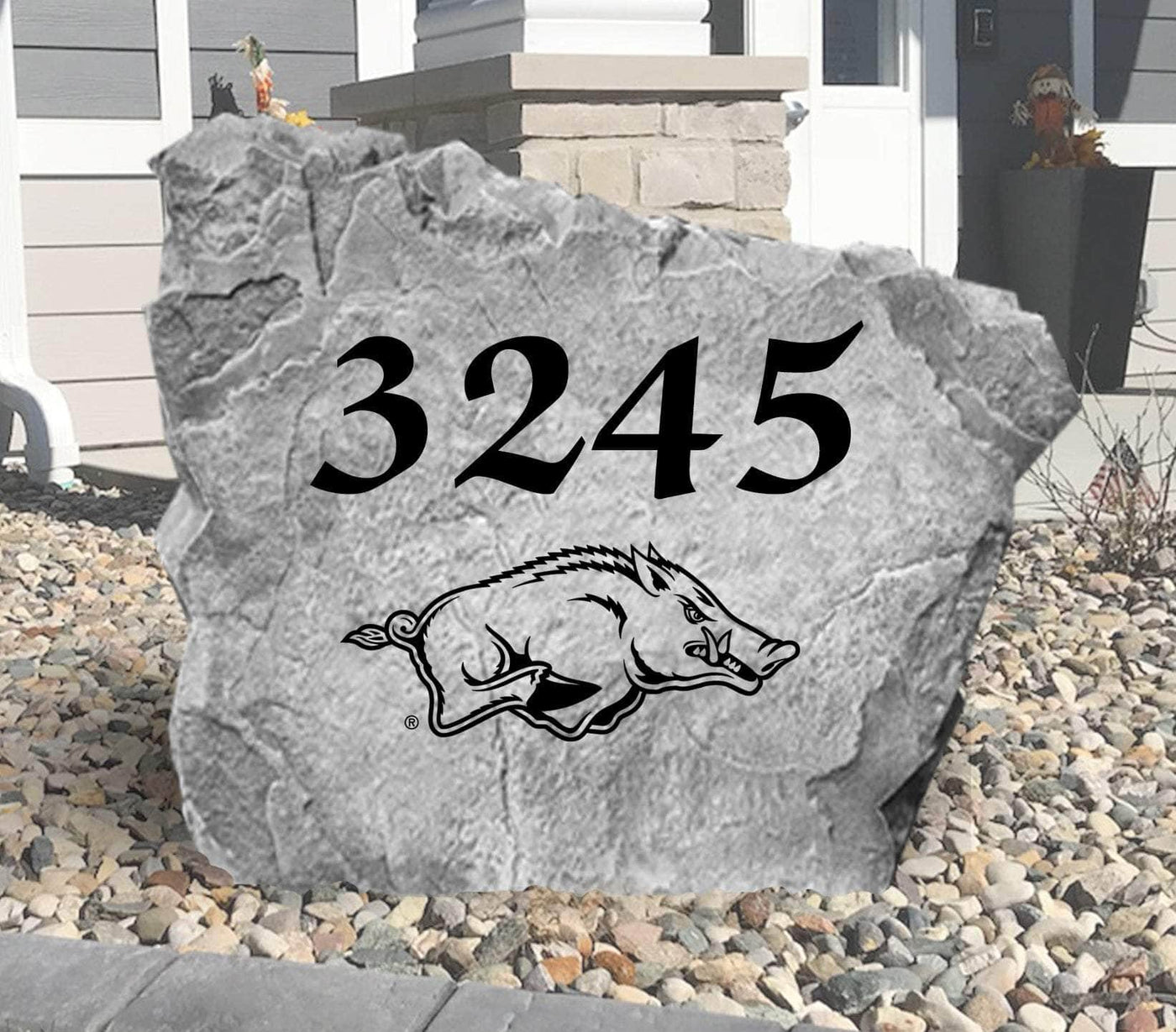 Custom engraved University of Arkansas address stone for outdoor decor.