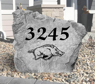Custom engraved University of Arkansas address stone for outdoor decor.
