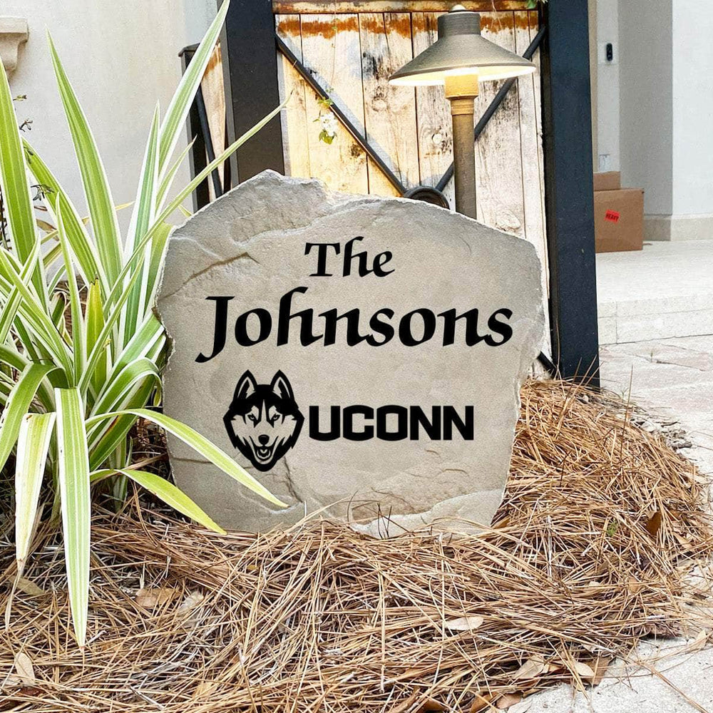 Custom University of Connecticut surname marker designed to celebrate Huskies pride while enhancing gardens, patios, walkways, and welcoming entryways.