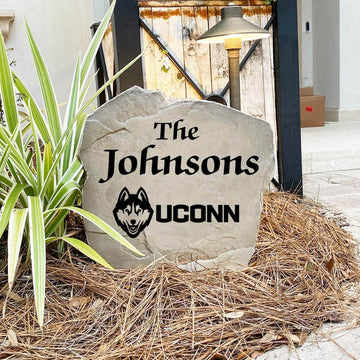 Custom University of Connecticut surname marker designed to celebrate Huskies pride while enhancing gardens, patios, walkways, and welcoming entryways.