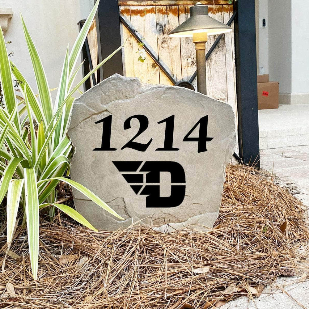 Custom University of Dayton house number marker designed to showcase your Flyers spirit while enhancing gardens, walkways, driveways, and front landscapes.