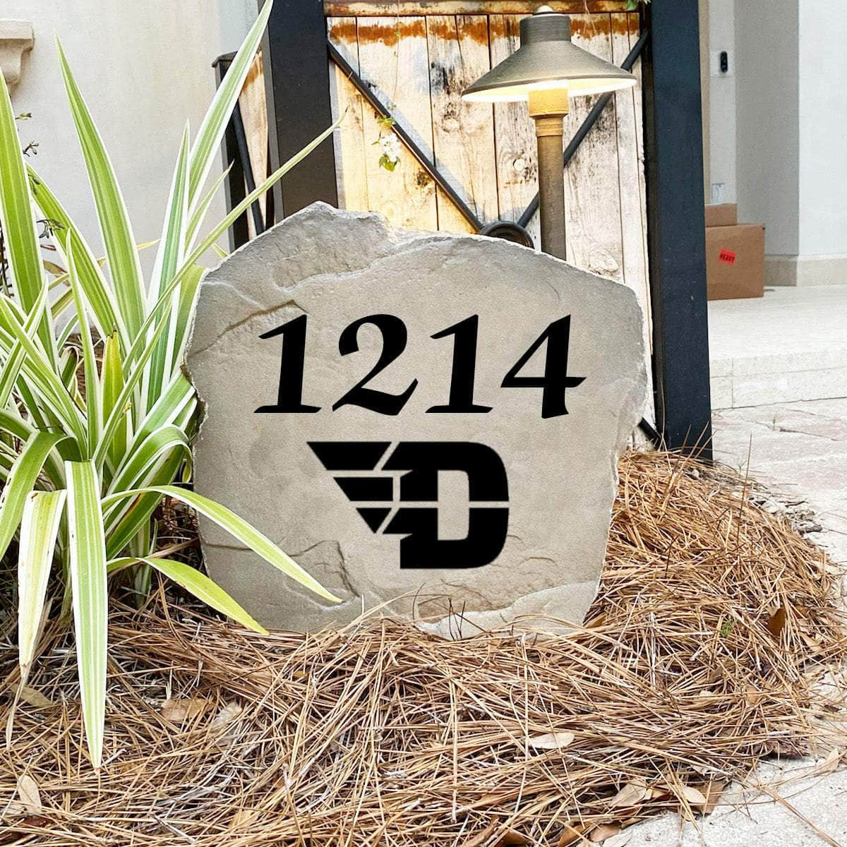 Custom University of Dayton house number marker designed to showcase your Flyers spirit while enhancing gardens, walkways, driveways, and front landscapes.