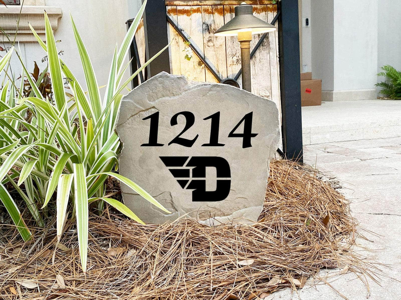 Personalized University of Dayton address rock for driveway or entryway.