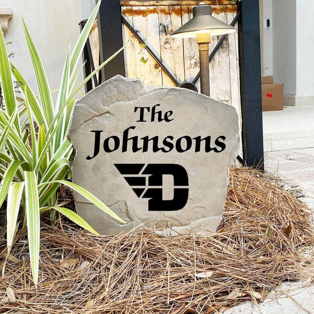 Custom University of Dayton surname marker designed to celebrate Flyers pride while enhancing gardens, patios, front walkways, and welcoming entryways.