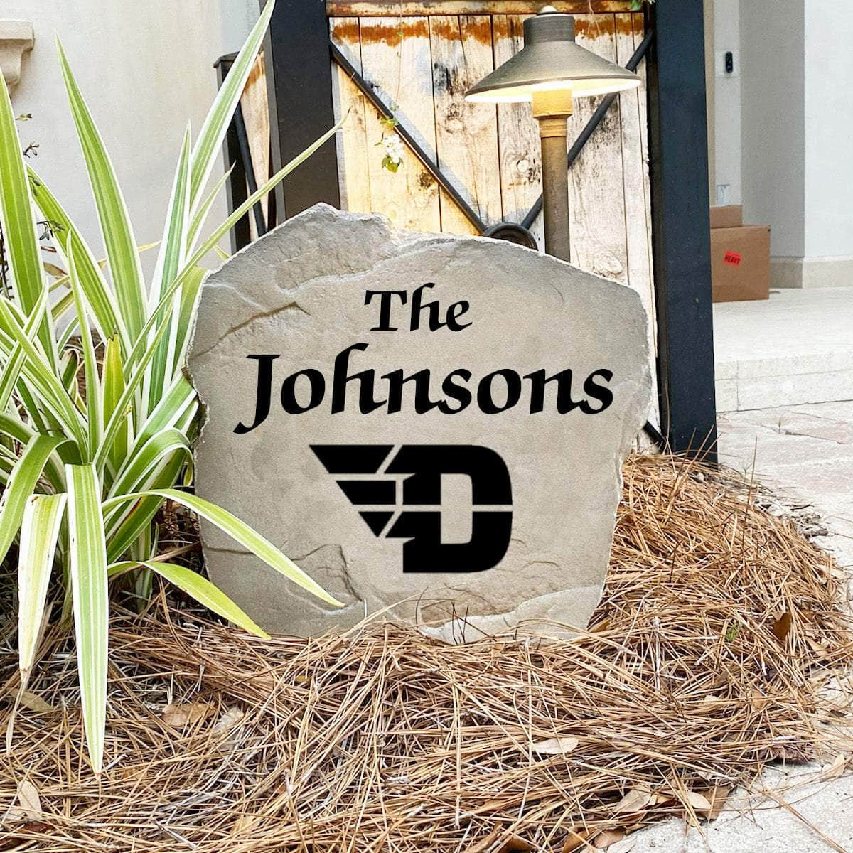 Custom University of Dayton surname marker designed to celebrate Flyers pride while enhancing gardens, patios, front walkways, and welcoming entryways.