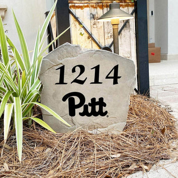 Handcrafted University of Pittsburgh Address Stone proudly made in the USA with deeply engraved house numbers and officially licensed collegiate artwork. Available in Sandstone and Greystone finishes for long-lasting outdoor beauty.