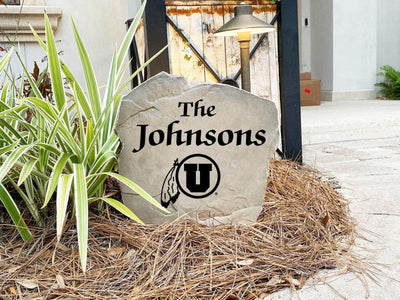 Outdoor University of Utah name stone for landscaping decor.