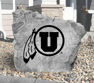 Outdoor yard rock with custom engraved University of Utah logo.