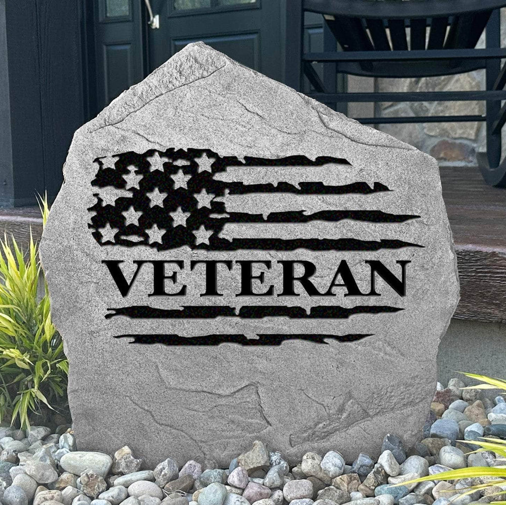 Decorative veteran memorial stone featuring an American flag design, crafted from durable concrete for lasting outdoor beauty and remembrance.