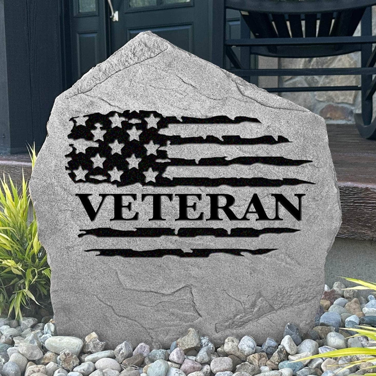 Decorative veteran memorial stone featuring an American flag design, crafted from durable concrete for lasting outdoor beauty and remembrance.