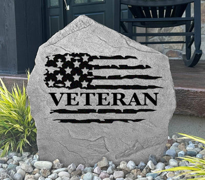 Personalized engraved stone honoring veterans with U.S. flag design