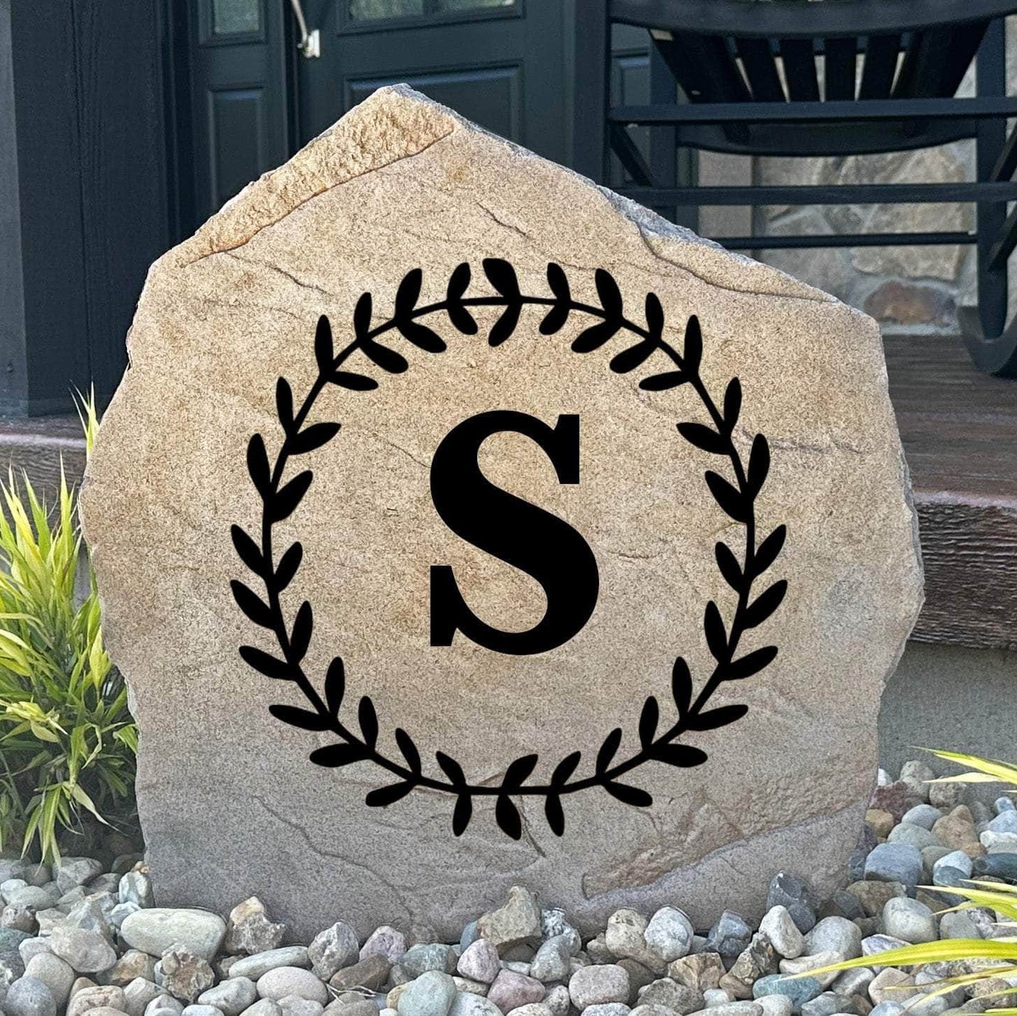 Custom vine initial plaque crafted from durable concrete, adding botanical charm and personalized style to patios, walkways, and front entrances.