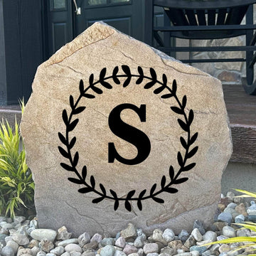 Custom vine initial plaque crafted from durable concrete, adding botanical charm and personalized style to patios, walkways, and front entrances.