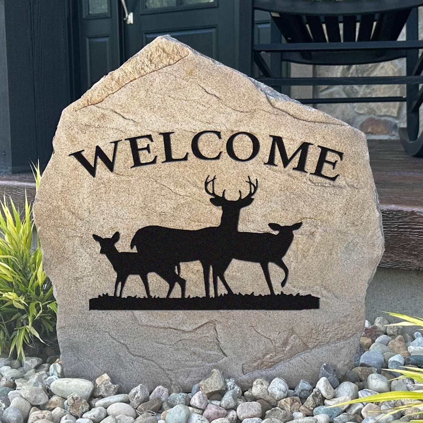 Decorative deer welcome plaque crafted from durable concrete, creating a warm greeting for guests while celebrating the beauty of nature.