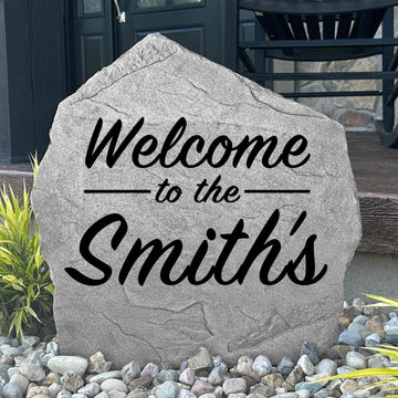 Custom welcome family name plaque crafted from durable concrete, adding timeless charm to front porches, gardens, patios, and walkways.