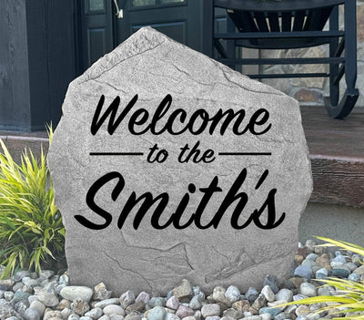 Custom engraved welcome name rock for home entryway or porch display