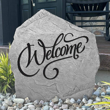 Decorative Welcome garden plaque crafted from durable concrete, bringing timeless hospitality and charm to your home's outdoor décor.