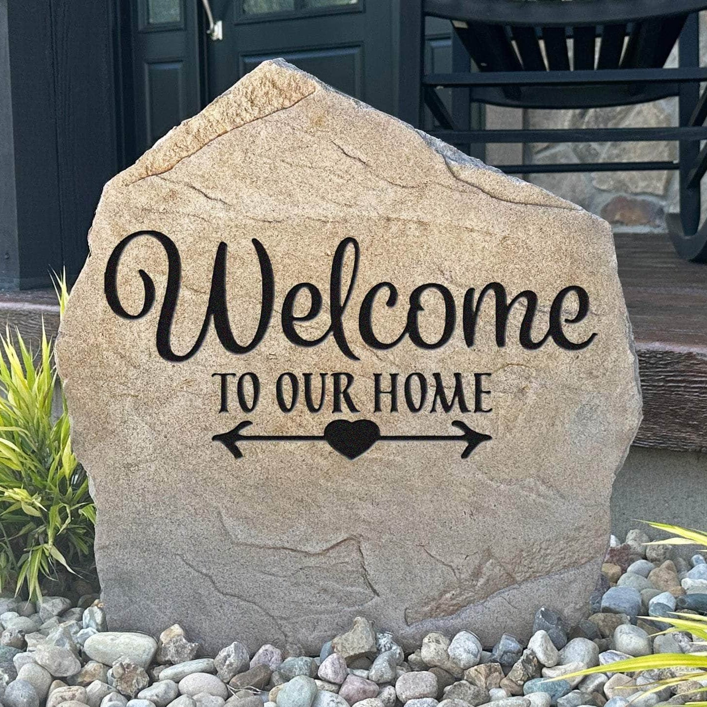 Decorative Welcome To Our Home plaque crafted from durable concrete, bringing timeless elegance and hospitality to your outdoor living space.