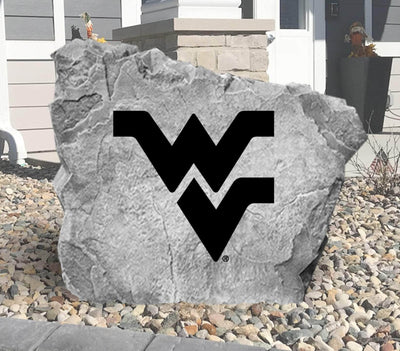 Outdoor decorative rock featuring the West Virginia University emblem
