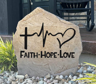 Engraved Faith Hope Love stone, perfect for inspirational outdoor décor