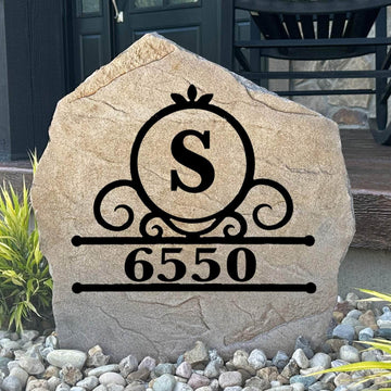 Personalized Fancy Monogram Address Stone featuring an elegant family initial and custom house numbers for a sophisticated front entrance.