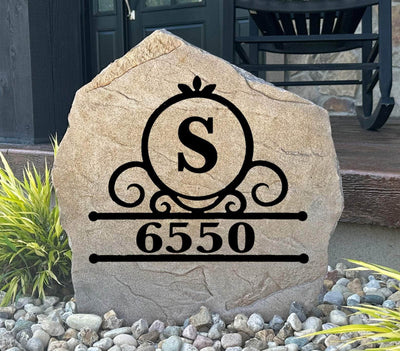 Fancy monogram address stone engraved with initial and house numbers