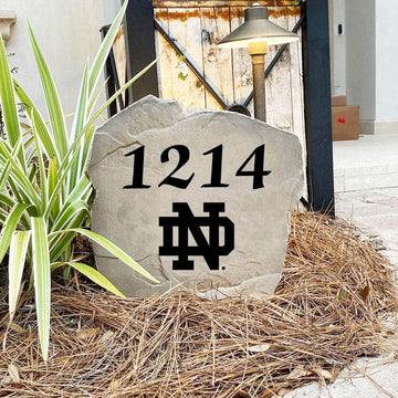 Engraved University of Notre Dame Address Stone with custom house numbers and the Fighting Irish logo, bringing collegiate spirit and timeless style to front yard landscapes, walkways, and home entrances.