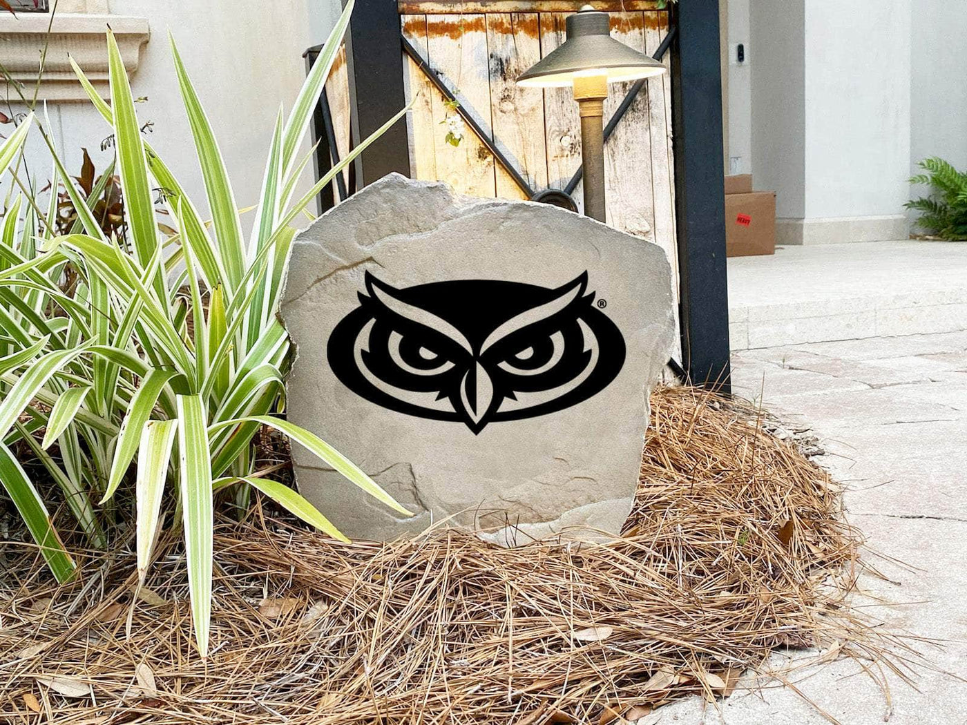 Custom engraved Florida Atlantic logo rock for alumni homes