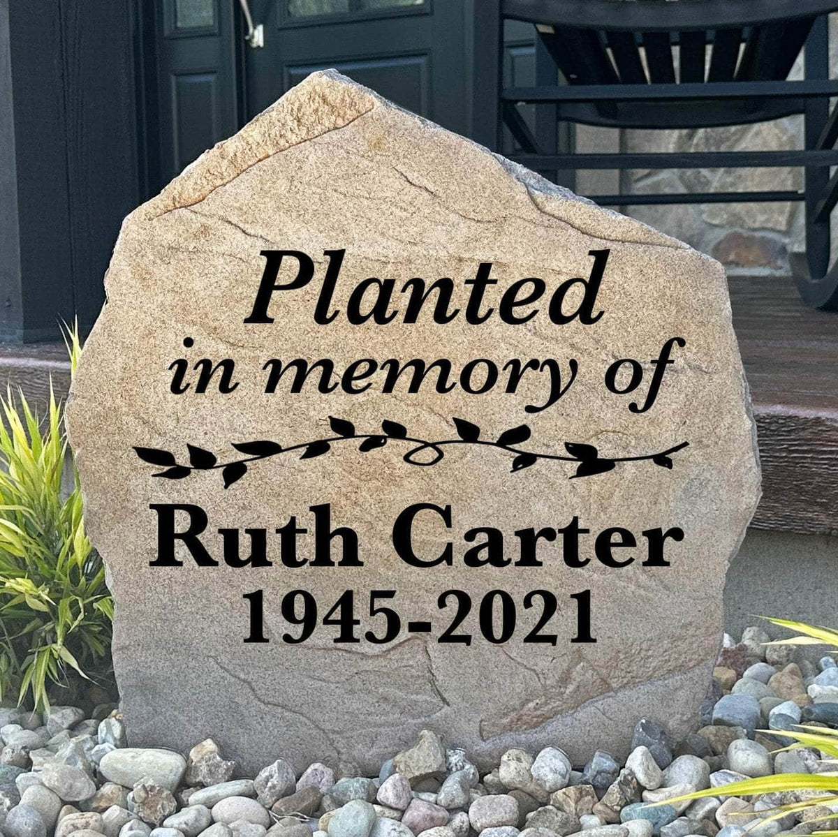 Decorative memorial landscape stone featuring the message "Planted In Memory," perfect for honoring someone special in a flower bed, tree planting, or remembrance garden.