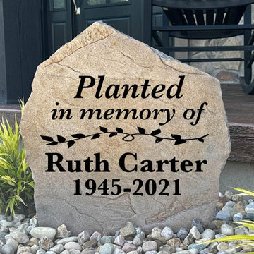 Decorative memorial landscape stone featuring the message "Planted In Memory," perfect for honoring someone special in a flower bed, tree planting, or remembrance garden.