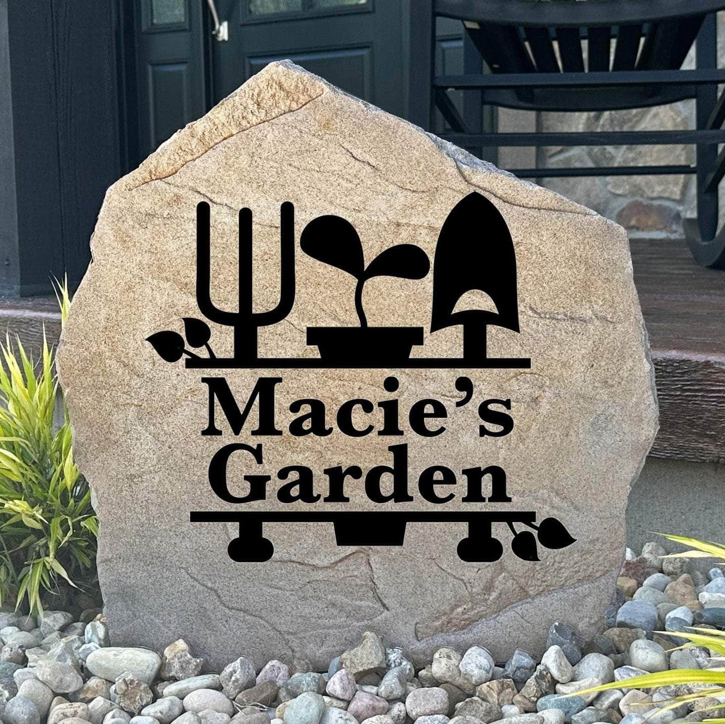 Personalized garden monogram name stone featuring a custom family initial and surname, creating an elegant focal point for flower beds and landscaped gardens.