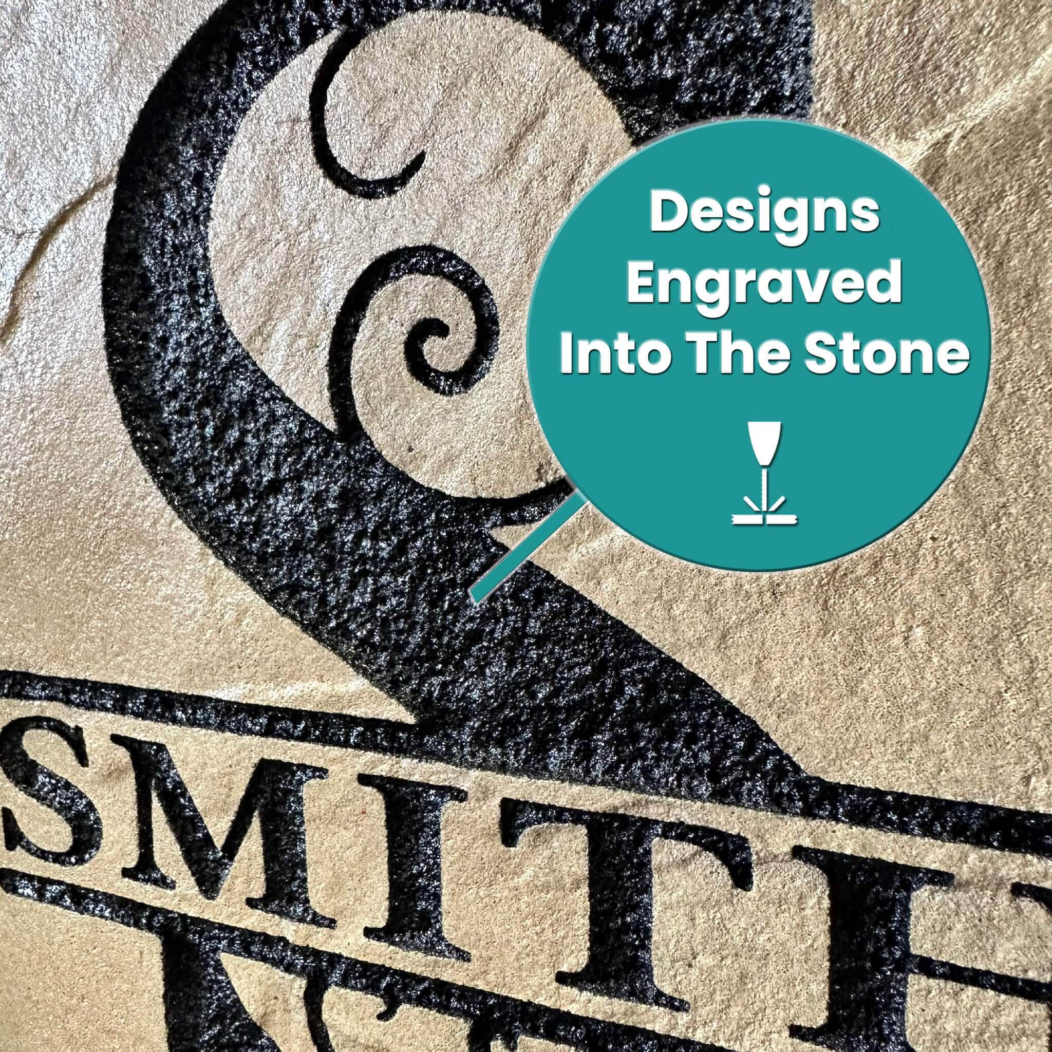 Detailed close-up of the engraved stone surface, revealing the precision craftsmanship and deep, permanent engraving. Every design is carved directly into the stone, creating a long-lasting, weather-resistant finish with exceptional detail and clarity.