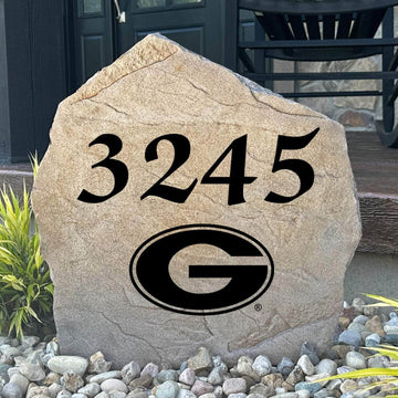 Officially licensed University of Georgia Address Stone featuring custom house numbers and the iconic Georgia Bulldogs logo engraved directly into the stone surface. This personalized address stone enhances curb appeal and creates a beautiful house number marker for front yards, gardens, driveways, and entryways.