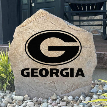 Officially licensed University of Georgia Logo Stone featuring the iconic Georgia Bulldogs logo engraved directly into the stone surface. This decorative garden stone adds school spirit and curb appeal to front yards, patios, gardens, and entryways.