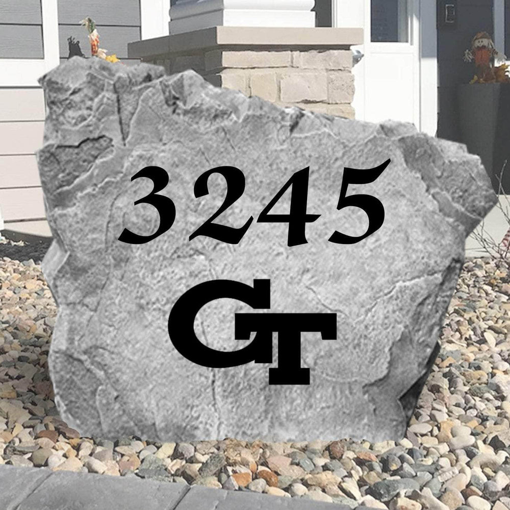 Custom Georgia Tech Address Stone featuring the official Yellow Jackets logo and personalized house numbers. A distinctive outdoor accent for driveways, gardens, front walkways, and landscaped entryways.